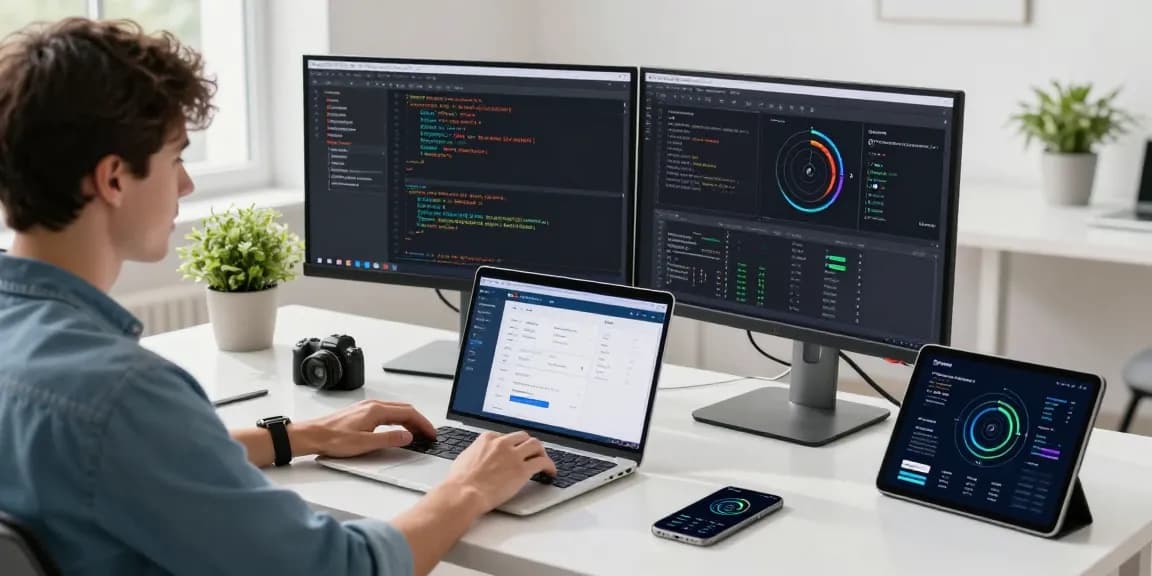 快连 VPN workspace with a developer analyzing network speed and code on dual monitors.