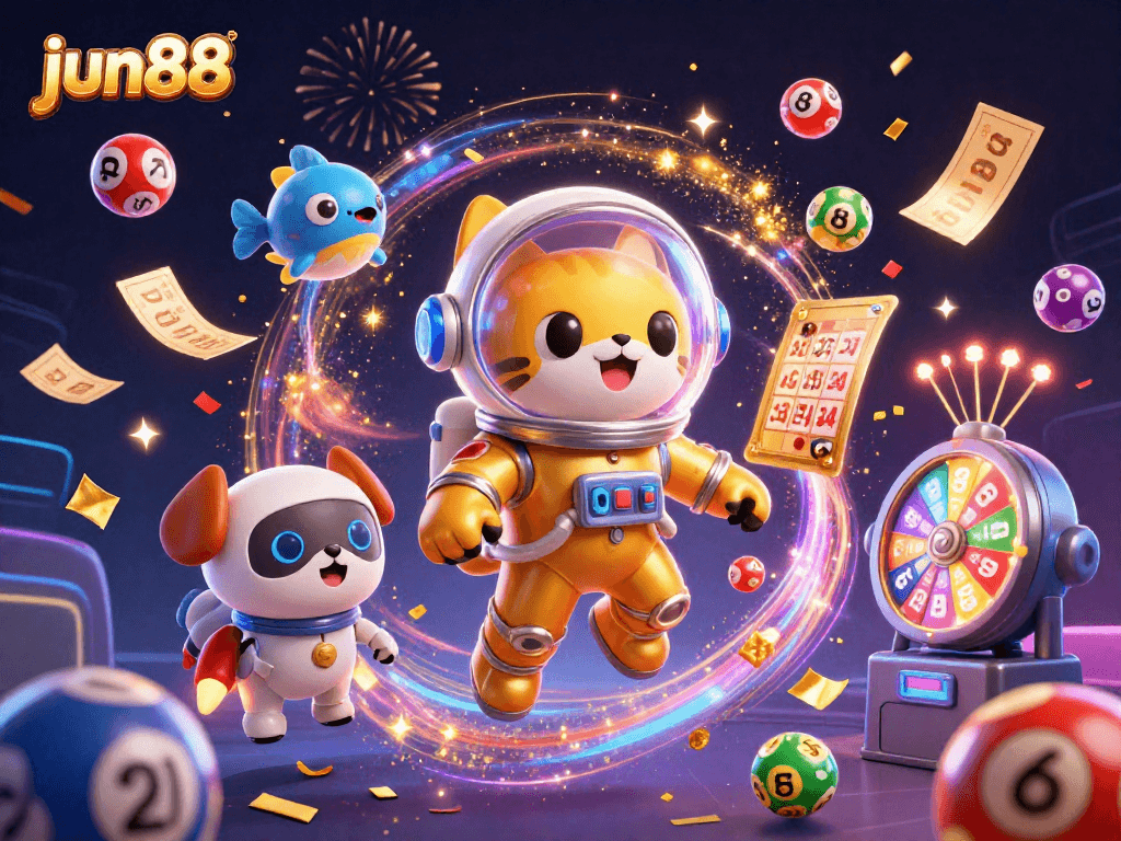 Experience the excitement of jun88 with vibrant lottery elements and cosmic characters in a dynamic gaming scene.