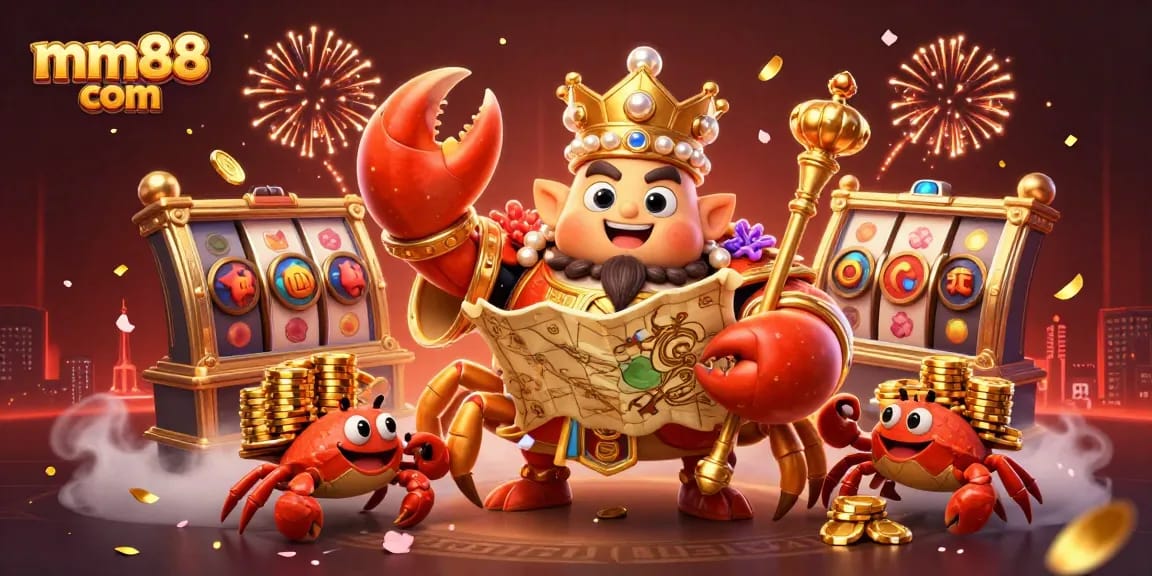 Win big at mm88 com with a thrilling 3D casino scene featuring a golden crab emperor and vibrant game elements.