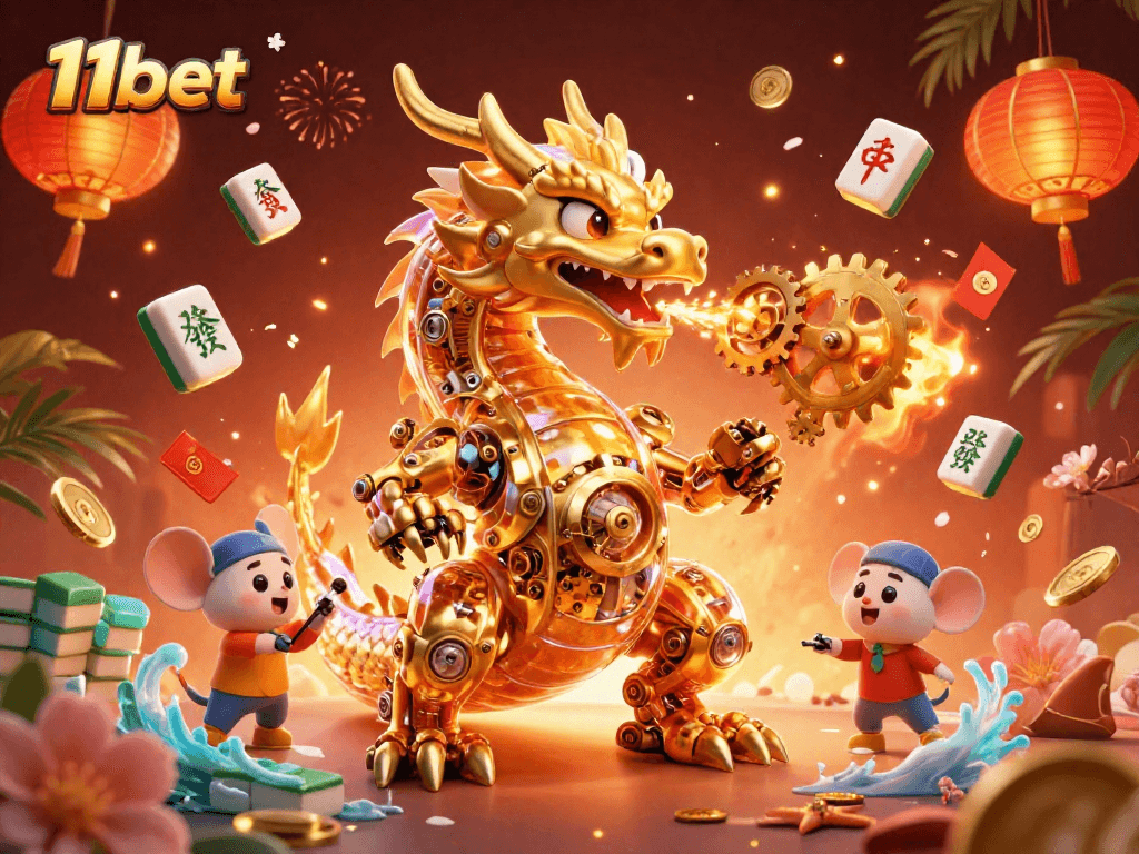 Experience 11bet's vibrant casino atmosphere with a golden dragon and festive elements.