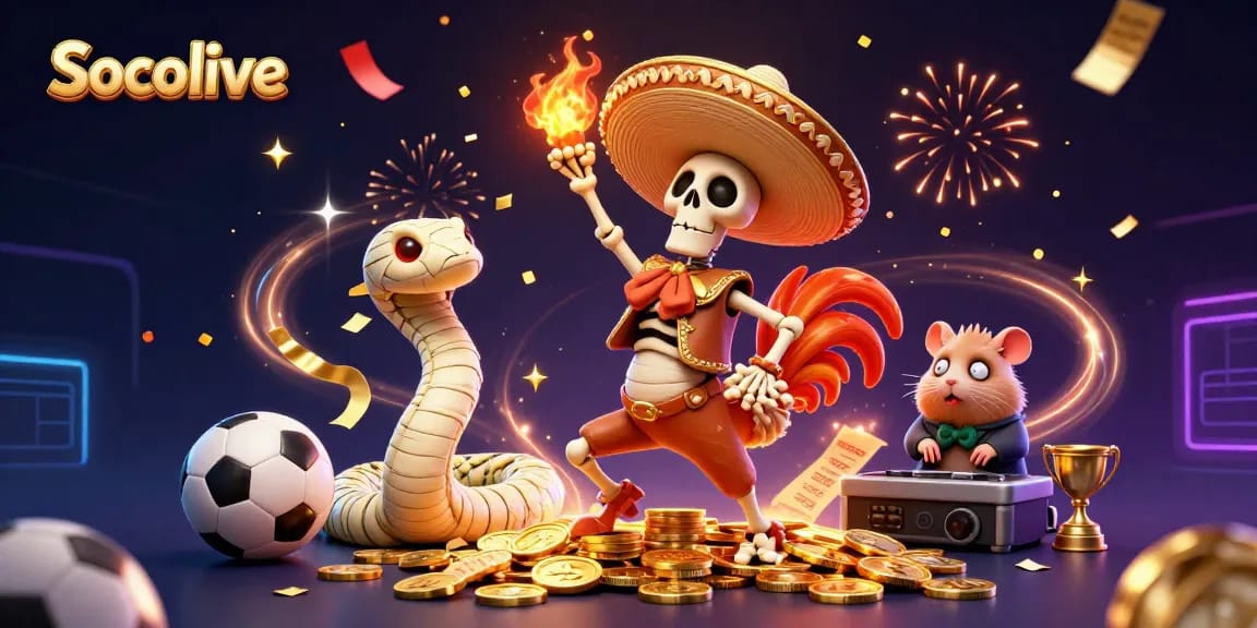 Socolive offers an exciting sports betting experience with vibrant sports-themed characters surrounded by dynamic betting elements.