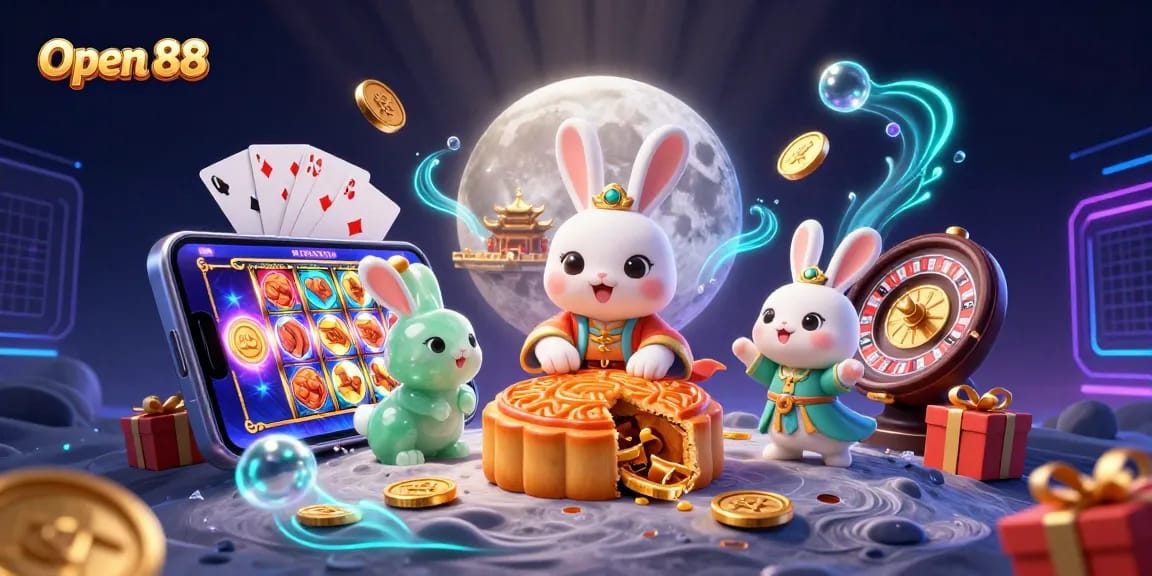 Experience thrilling gameplay with Open 88 as moon rabbit reveals poker chips inside mooncakes.