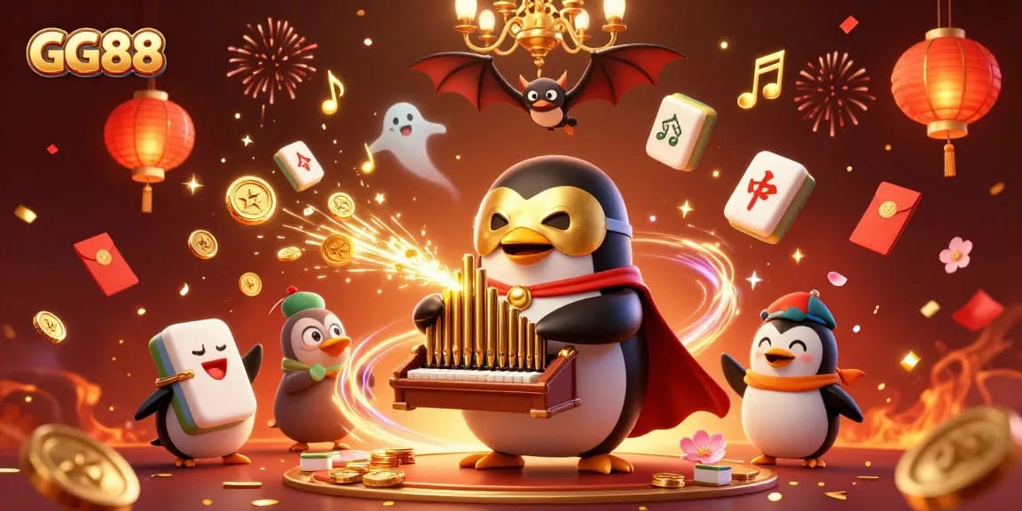 Engage with GG88 as the phantom penguin orchestrates a gold-filled casino celebration.