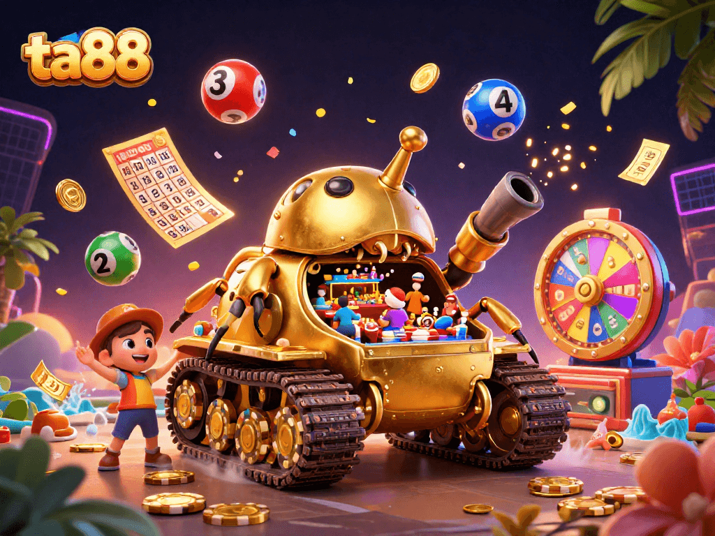 Experience the thrill of ta88 with dynamic gaming elements in a vibrant 3D casino illustration.