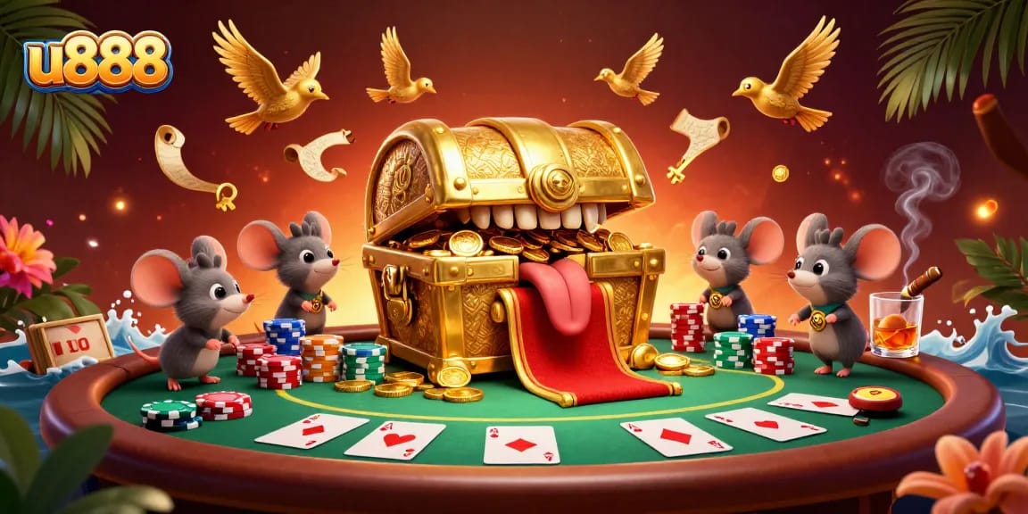 Engage in thrilling gambling with u888 at a vibrant casino scene filled with treasure, cards, and chips.