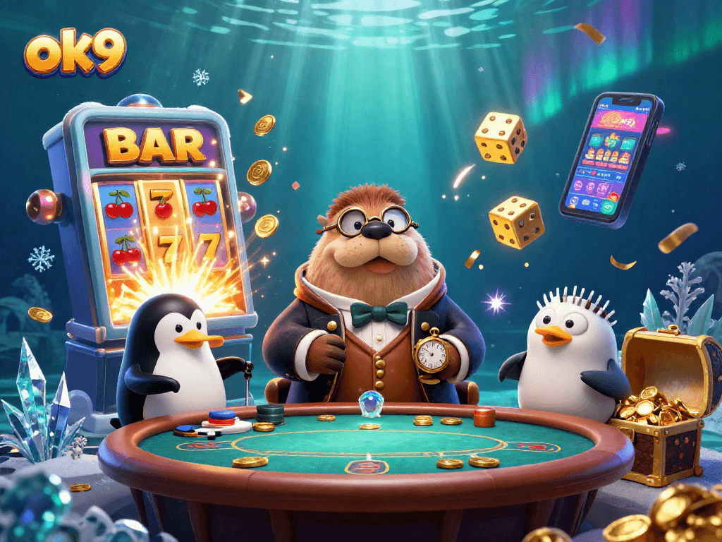 Engage with ok9’s vibrant underwater casino scene featuring a walrus, penguin dealer, and a bluffing pufferfish.