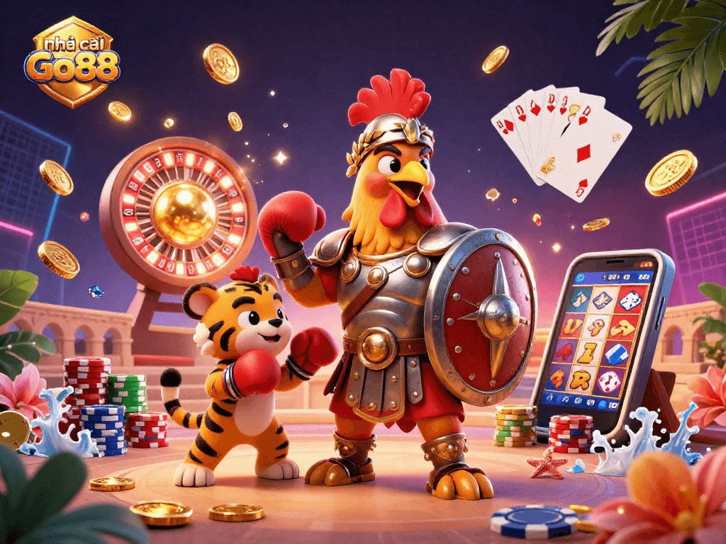 Engage with nhà cái Go88 in this dynamic 3D casino scene featuring animated characters and exciting gaming elements.