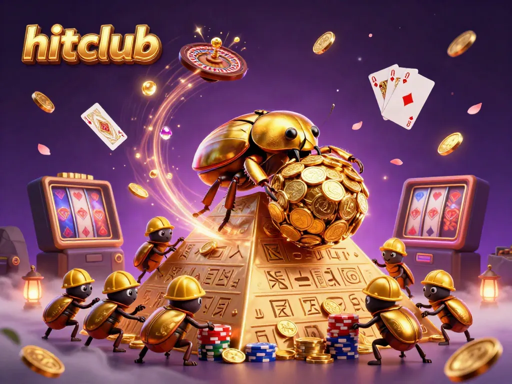 Experience the thrill of gaming at hitclub with a vibrant scene of golden beetles and cascading coins.