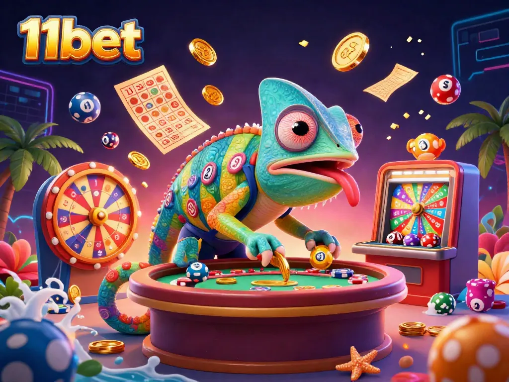 Experience the excitement of 11bet as a colorful chameleon casino owner captures golden coins in this vibrant 3D illustration.