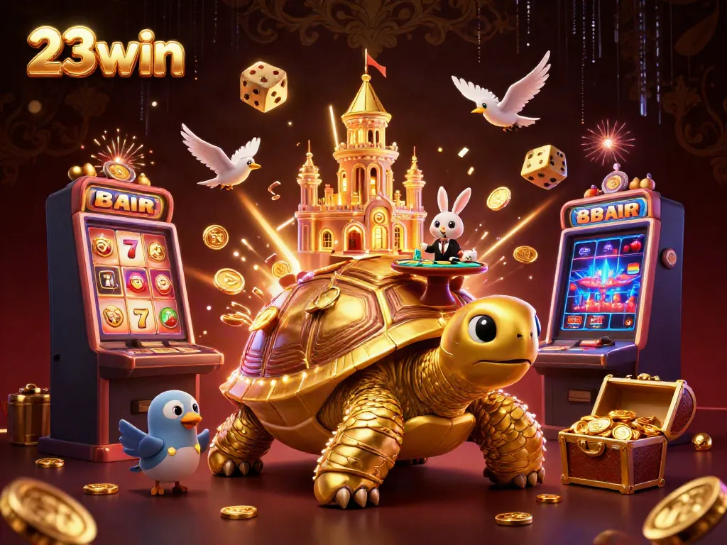 Experience the excitement of 23win with a vibrant casino scene featuring a golden tortoise, casino elements, and jackpots.
