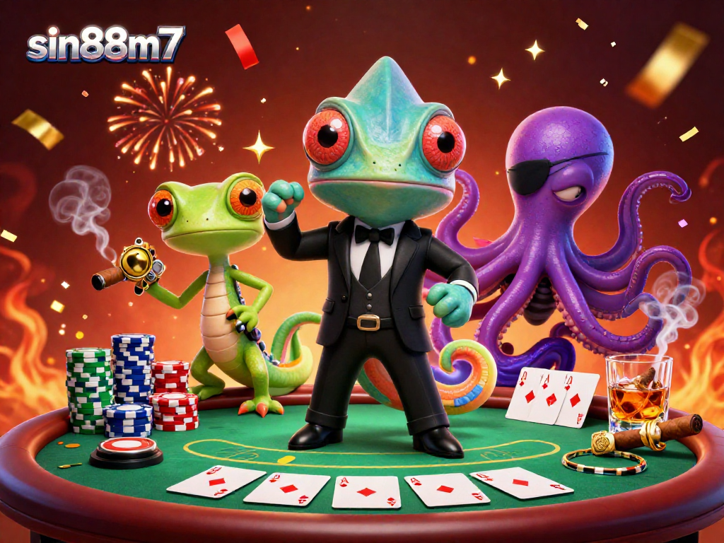 Engage in thrilling poker action at sin88m7 with a vibrant casino atmosphere featuring colorful chips and exciting characters.