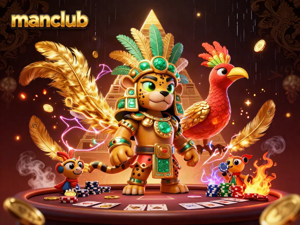 Experience manclub with thrilling poker action featuring a Mayan jaguar priest amidst vibrant casino elements.