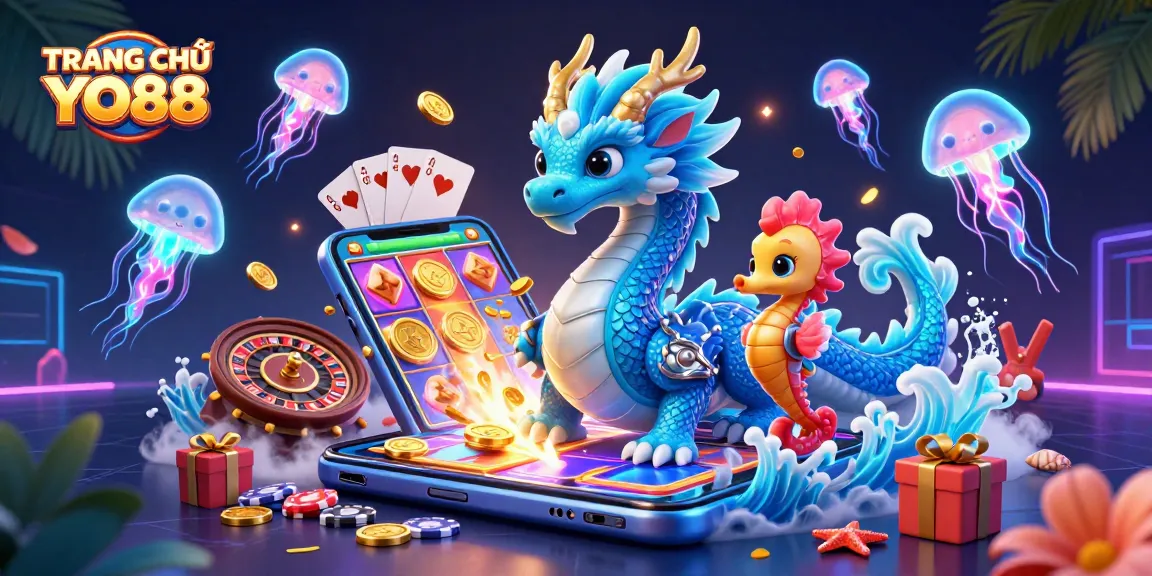 Engage with TRANG CHỦ YO88 as glowing jellyfish and a dragon animate an exciting casino adventure.