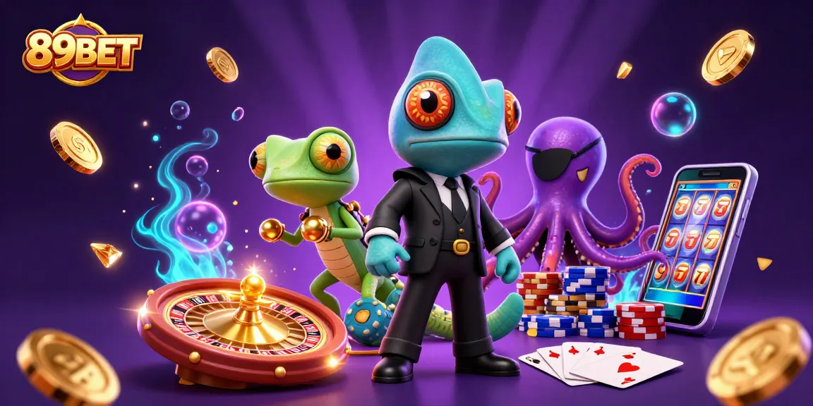 Experience excitement at 89BET with vibrant casino elements and characters in a captivating 3D illustration.