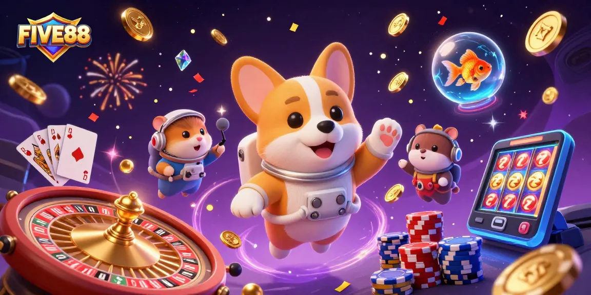 Experience the excitement of FIVE88 with a floating astronaut corgi in a colorful casino scene.