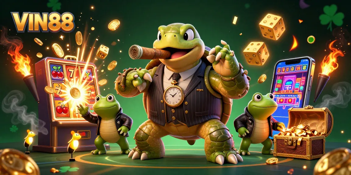 VIN88 showcases a massive snapping turtle mobster among casino lights, jackpot coins, and vibrant game elements.