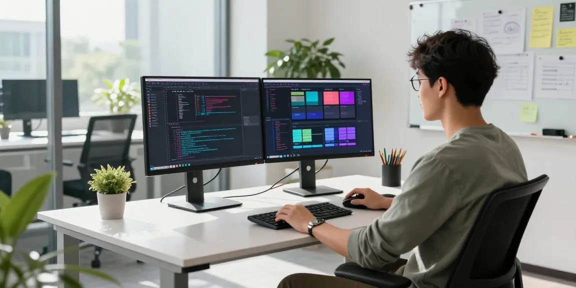 WPS Download in a modern office workspace with a developer coding on dual monitors