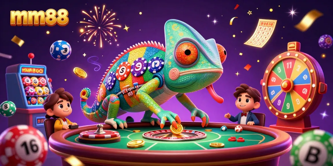 Engage in exciting gameplay at mm88 with colorful lottery elements and a dynamic casino scene.