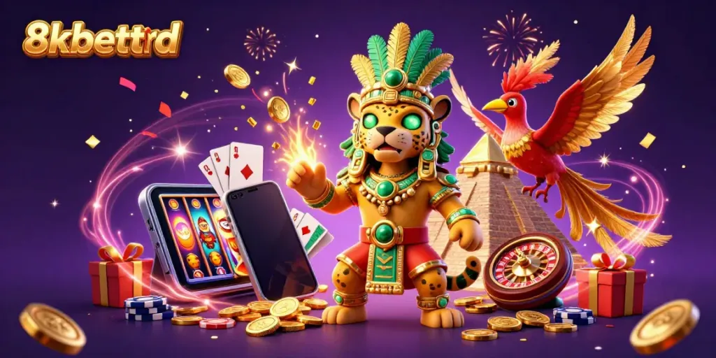 Experience thrilling gaming adventures with 8xbetttbd as a Mayan priest leads the way in a colorful casino illustration.