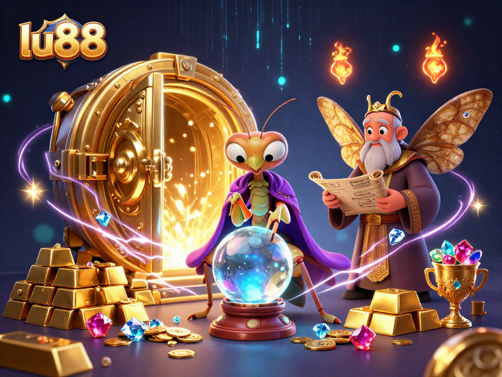 lu88 fortune teller scene with glowing treasures, dice, and mystical elements in vibrant colors