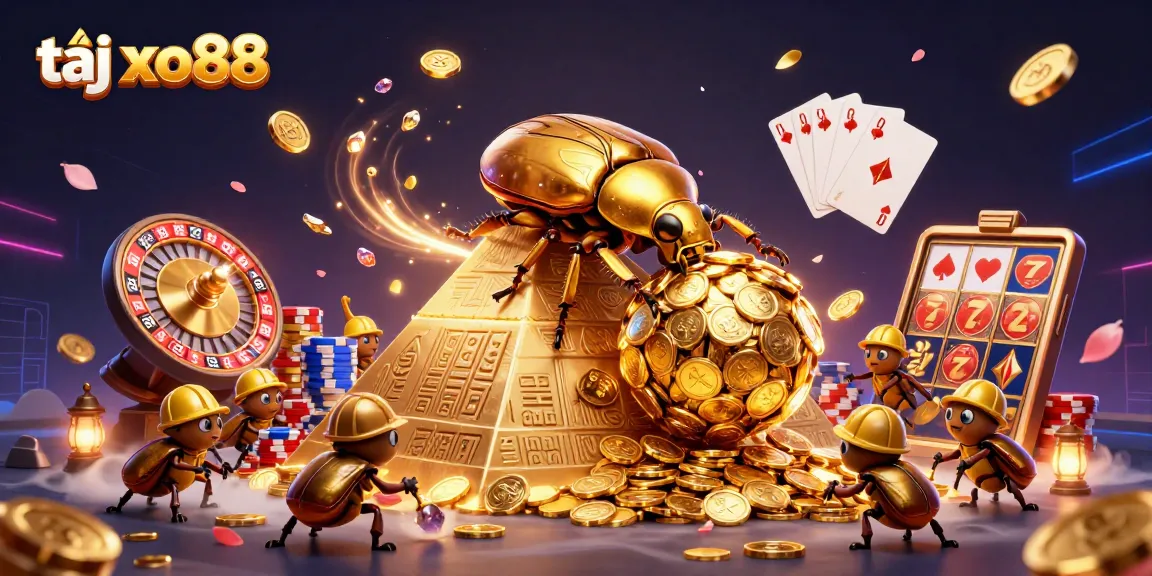 Experience thrilling gameplay at tại xo88 with a vibrant 3D illustration featuring a golden dung beetle amidst cascading coins.