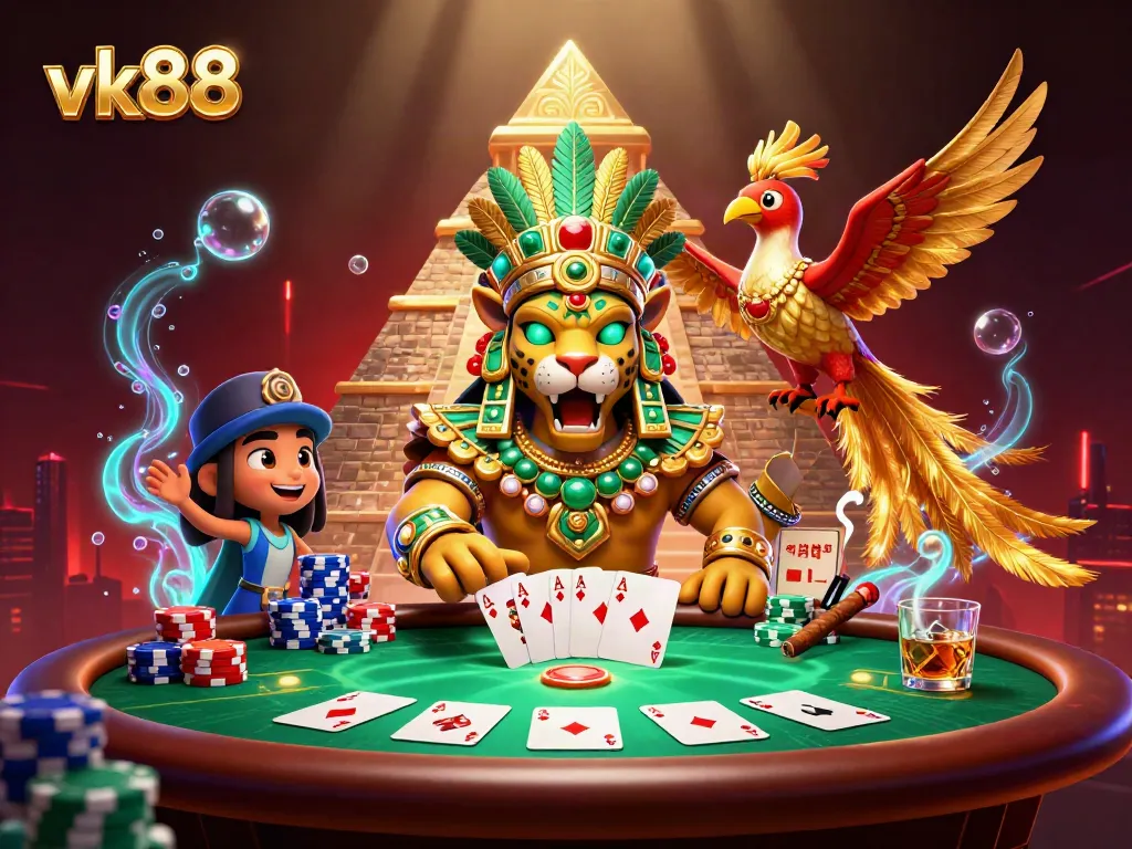 Experience the thrill of vk88 casino with an exciting poker game scene featuring a Mayan jaguar priest.