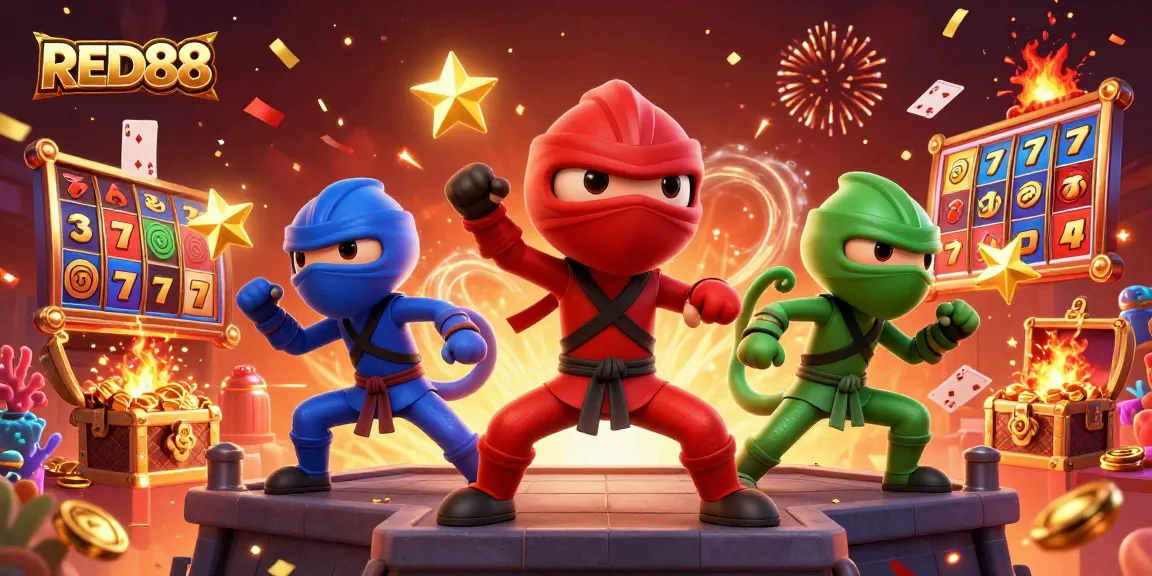 Experience the thrilling atmosphere at RED88 with colorful slot machine action and dynamic characters.