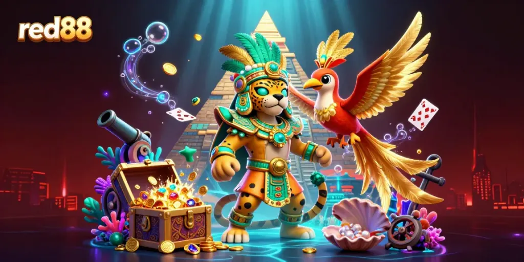 Experience the dynamic energy of red88 with a Mayan jaguar priest, treasures, and bioluminescent effects in a vibrant casino-themed illustration.