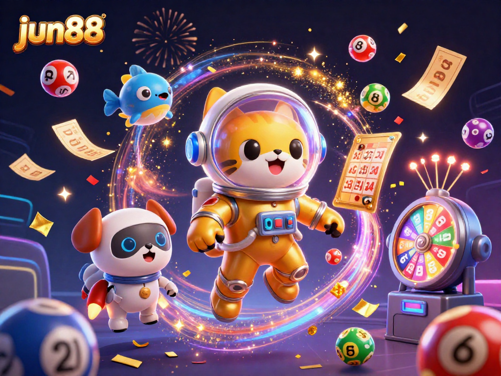 Experience the excitement of jun88 with vibrant lottery elements and cosmic characters in a dynamic gaming scene.