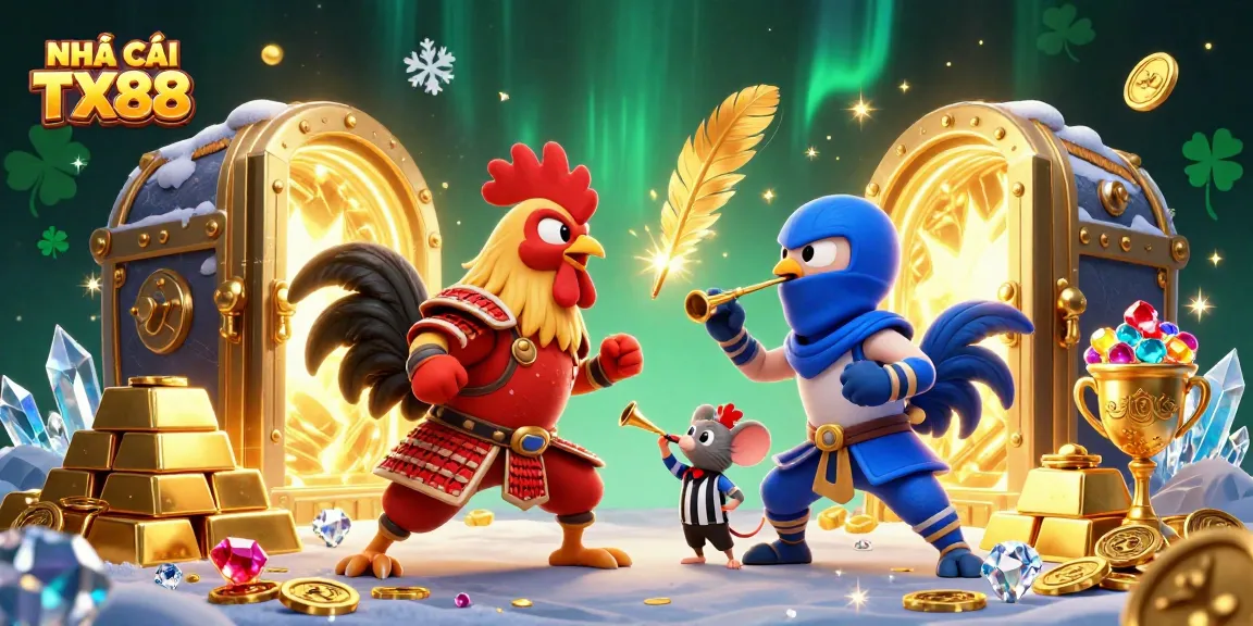 Experience the excitement of NHÀ CÁI TX88 with twin cartoon roosters battling amid golden treasures.