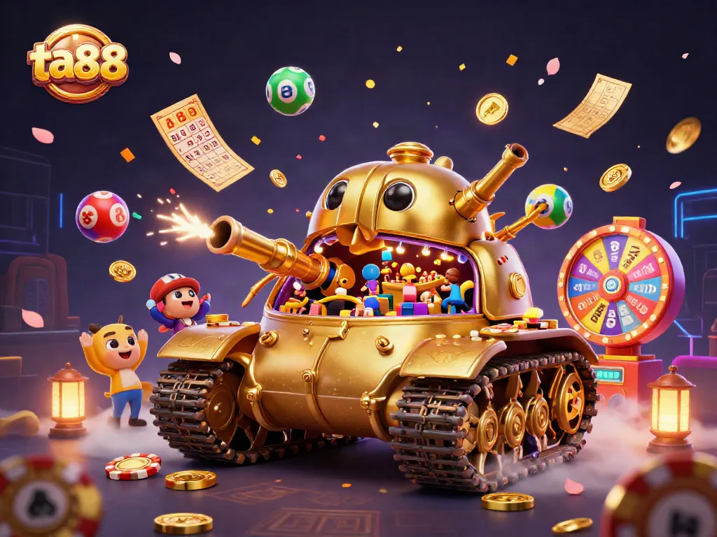 Engage with ta88 and win prizes in a vibrant casino scene featuring a golden beetle tank.
