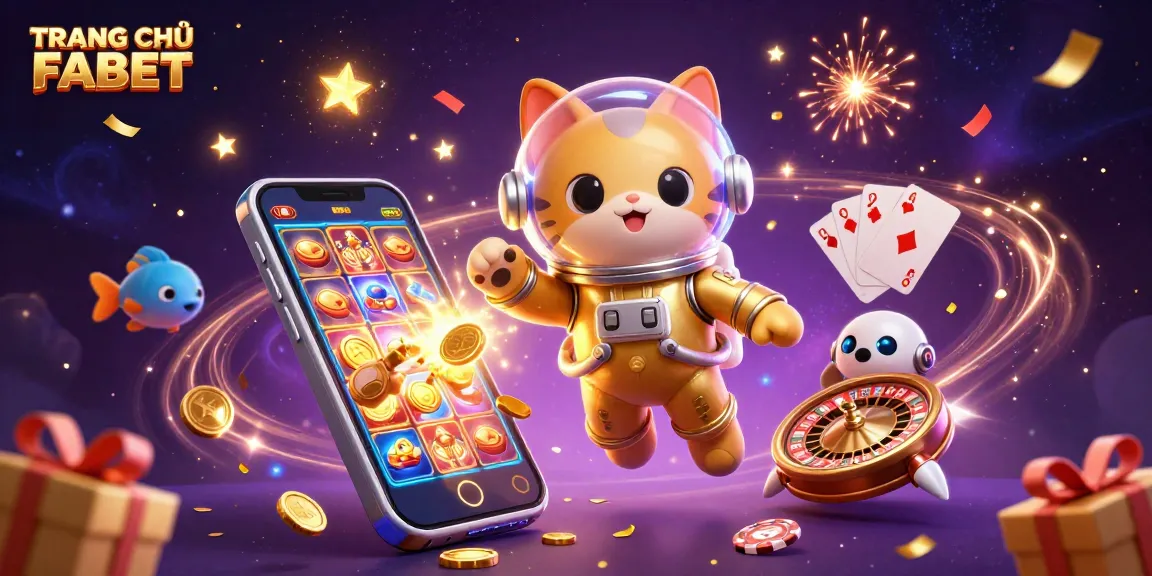 Engage with TRANG CHỦ FABET in a vibrant 3D casino scene showcasing dynamic games and festive elements.