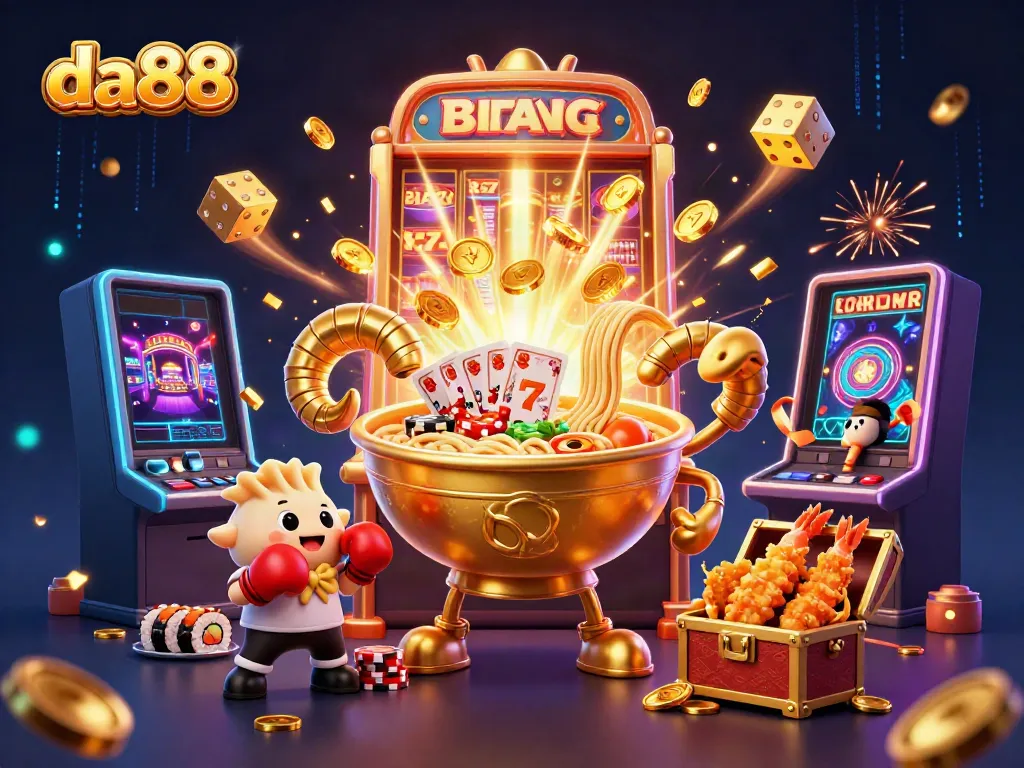 Vibrant scene with da88 slot game characters celebrating a jackpot, depicting action and excitement in a casino.