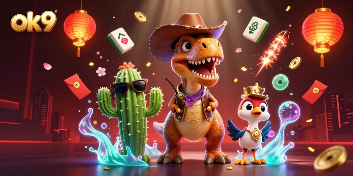 Engage in exciting games at ok9 with a 3D cartoon dinosaur cowboy and vibrant decorations.