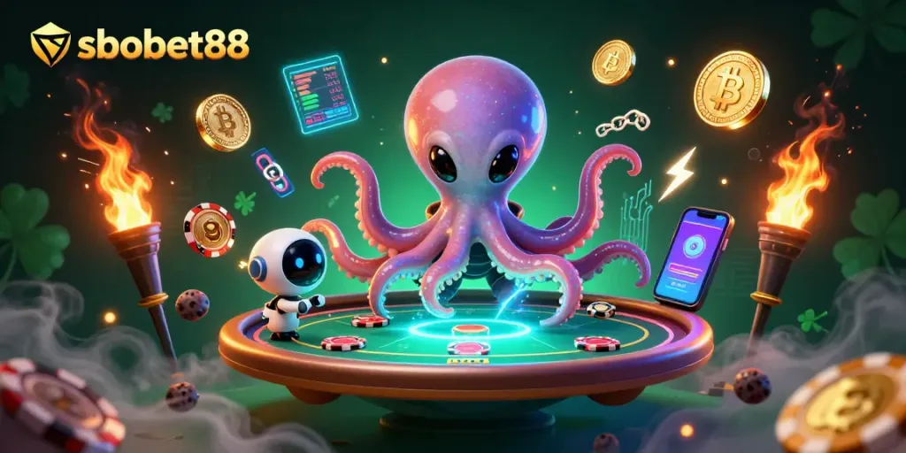 Taruhan poker seru di sbobet88 dengan alien dan robot dalam ilustrasi 3D yang epik.