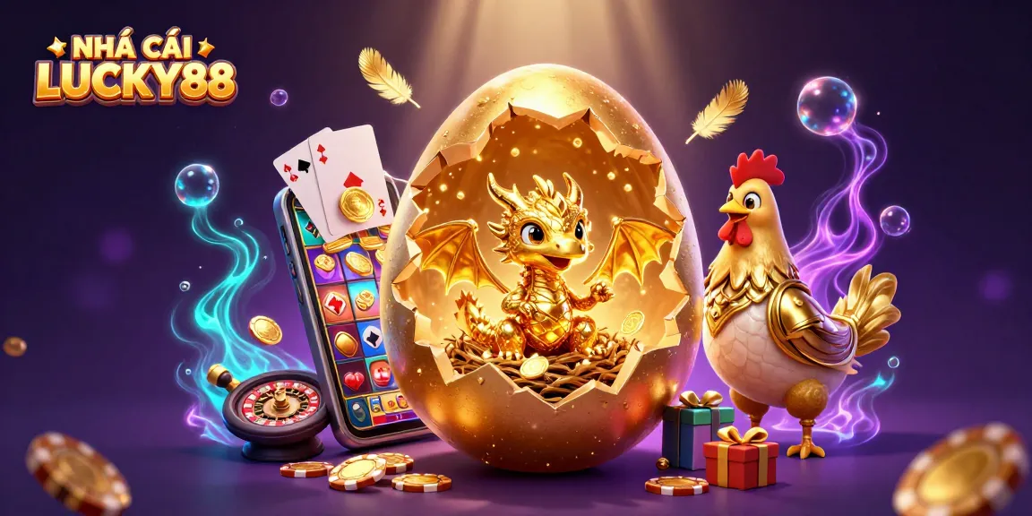 Experience the thrilling allure of NHÀ CÁI LUCKY88 with a captivating golden dragon and poker chips.
