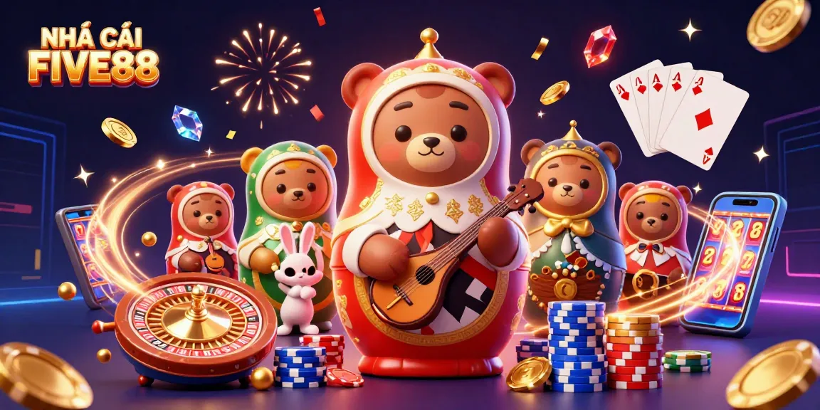 Experience the thrill with NHÀ CÁI FIVE88 as cartoon bears reveal hidden casino secrets in a festive scene.