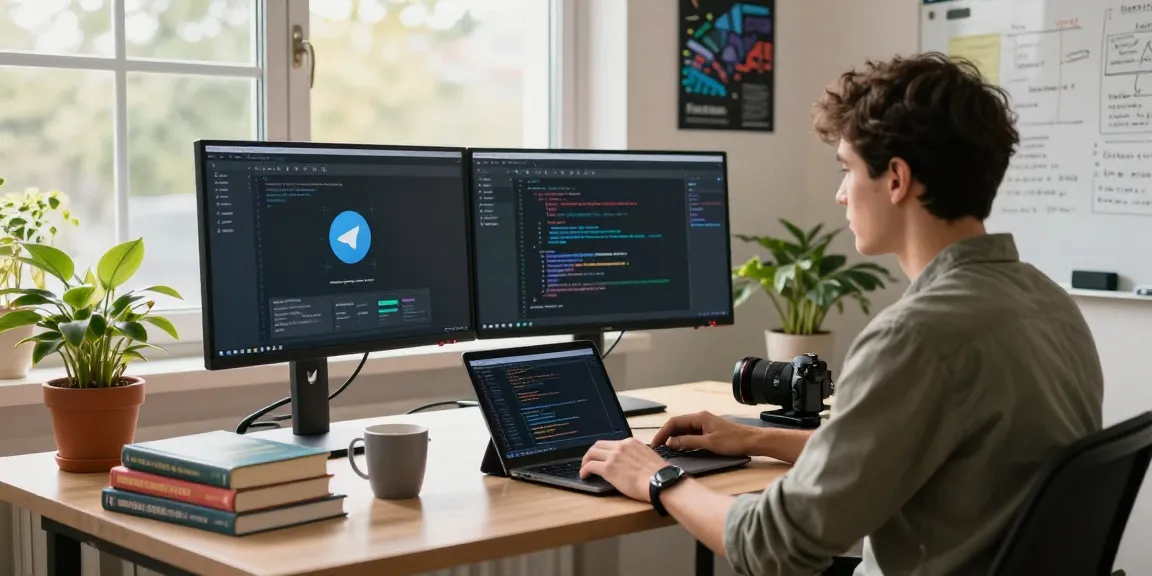 Developer focused on Telegram Download in modern workspace with coding resources and plants.