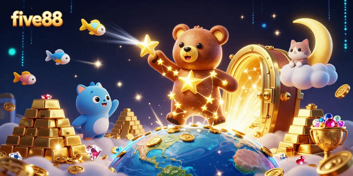 Experience five88 with exciting casino elements, featuring a constellation bear scooping coins in a magical setting.