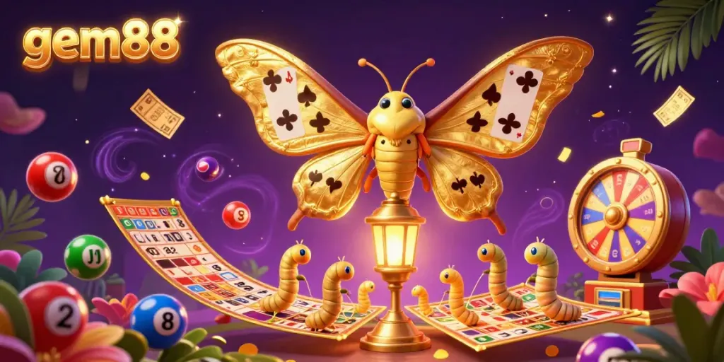 Experience the vibrant gaming world of gem88 with colorful icons and characters in a casino-themed illustration.