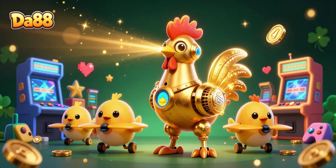 Experience thrilling gaming at Da88 with a robot rooster and drone companions lighting up the casino.