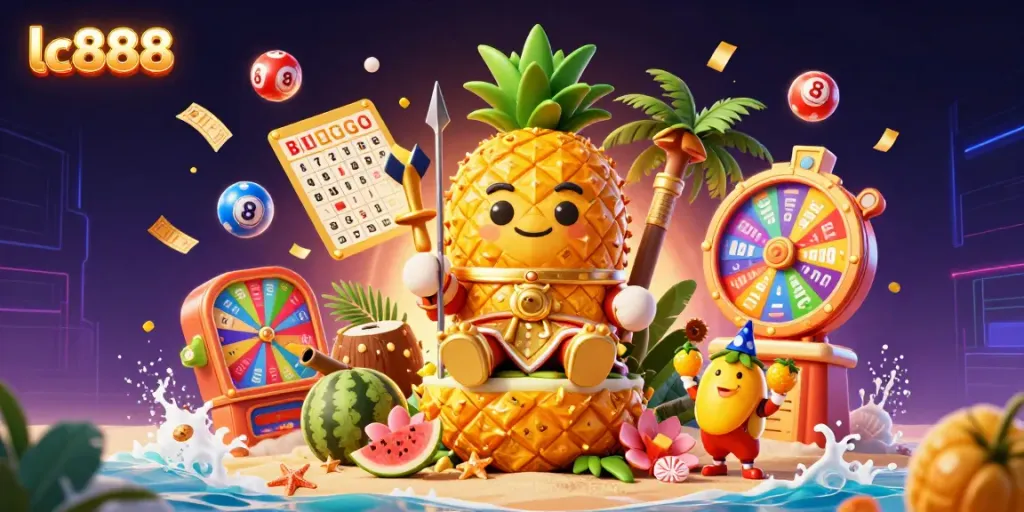 Engaging lc888 casino scene featuring a golden pineapple king surrounded by colorful game elements and festive decorations.