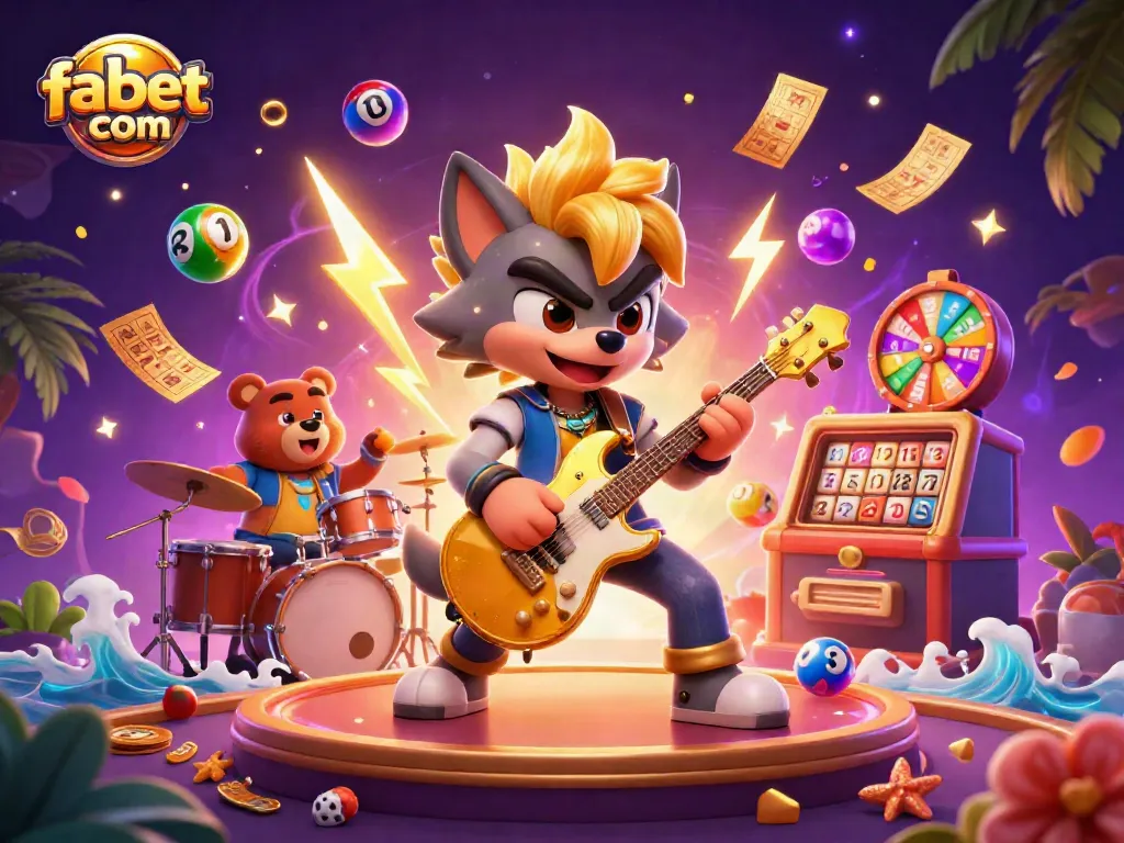 Experience betting excitement with fabet com's vibrant action-packed scene featuring lottery elements and dynamic characters.