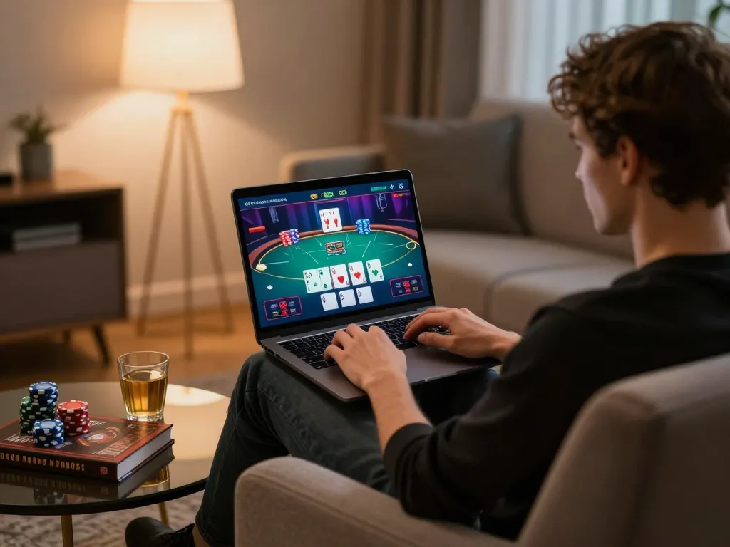 Player engaging in RR88 online casino gaming with vibrant poker interface and strategic notes nearby