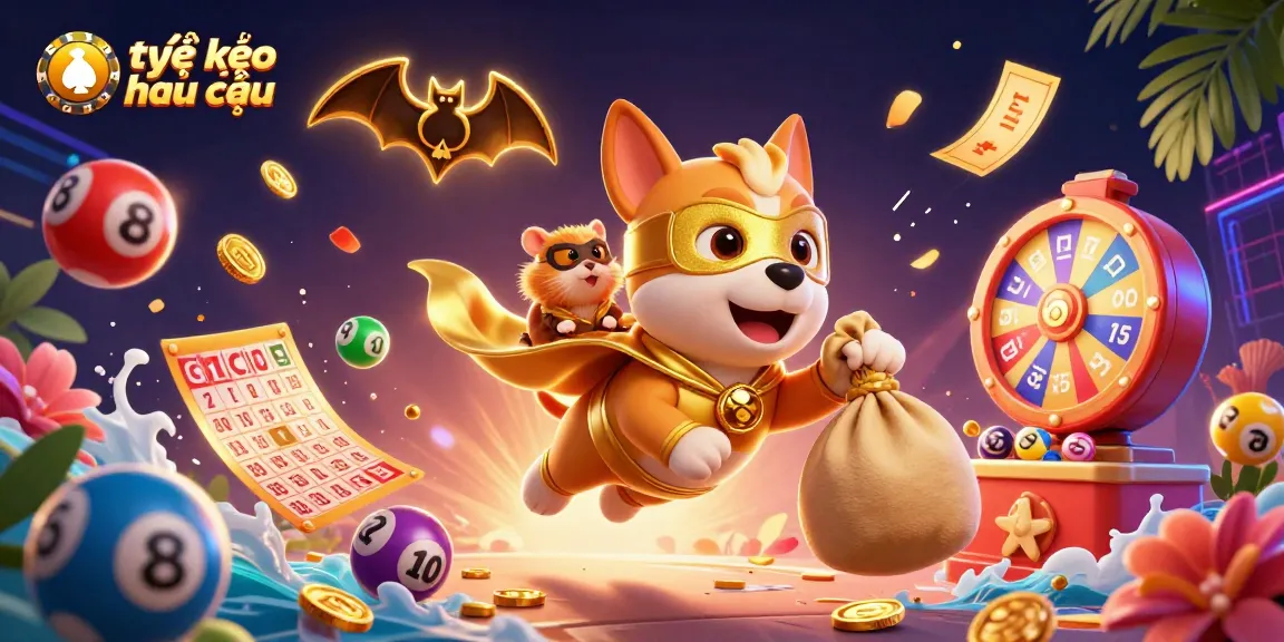 Experience the excitement of tỷ lệ kèo nhà cái with a dynamic illustration of a superhero dog and hamster amidst vibrant gambling elements.