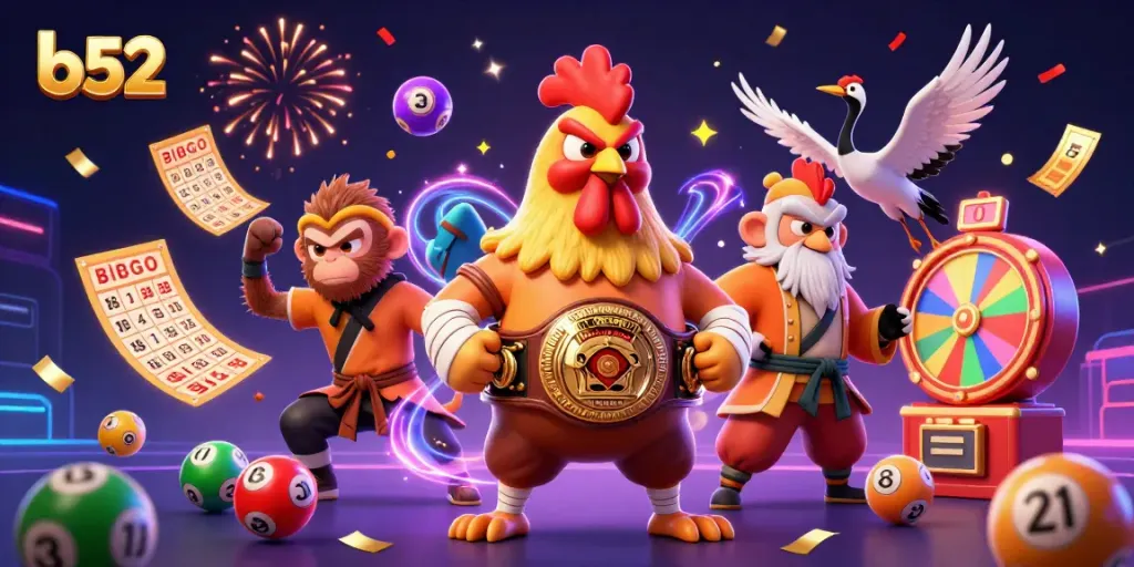 Engage with the dynamic energy of b52 through colorful lottery elements and exciting characters in this vibrant scene.