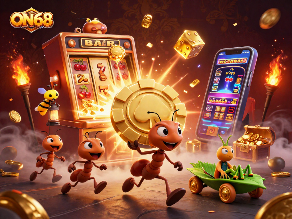 Experience thrilling gaming at ON68 with a lively heist scene featuring ants carrying a giant poker chip.