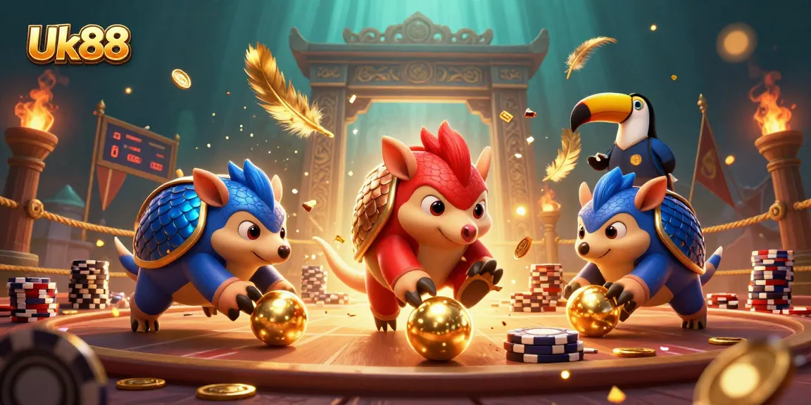 Engage with Uk88 as rival pangolins roll golden balls into poker chips amidst a festive casino scene.