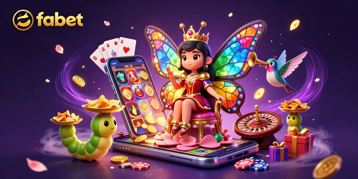 Experience the excitement of fabet with vibrant gaming elements and a whimsical butterfly queen in a rich casino scene.