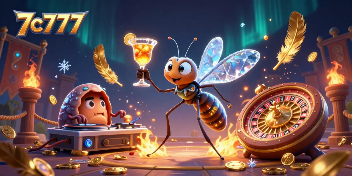 Engage with the vibrant 7c7777 casino scene featuring a bold mosquito mascot and a trilobite DJ.